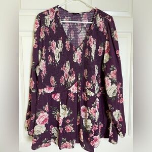 Torrid Floral V-Neck Long Sleeve Women’s Top Blouse Size 3 (3XL)